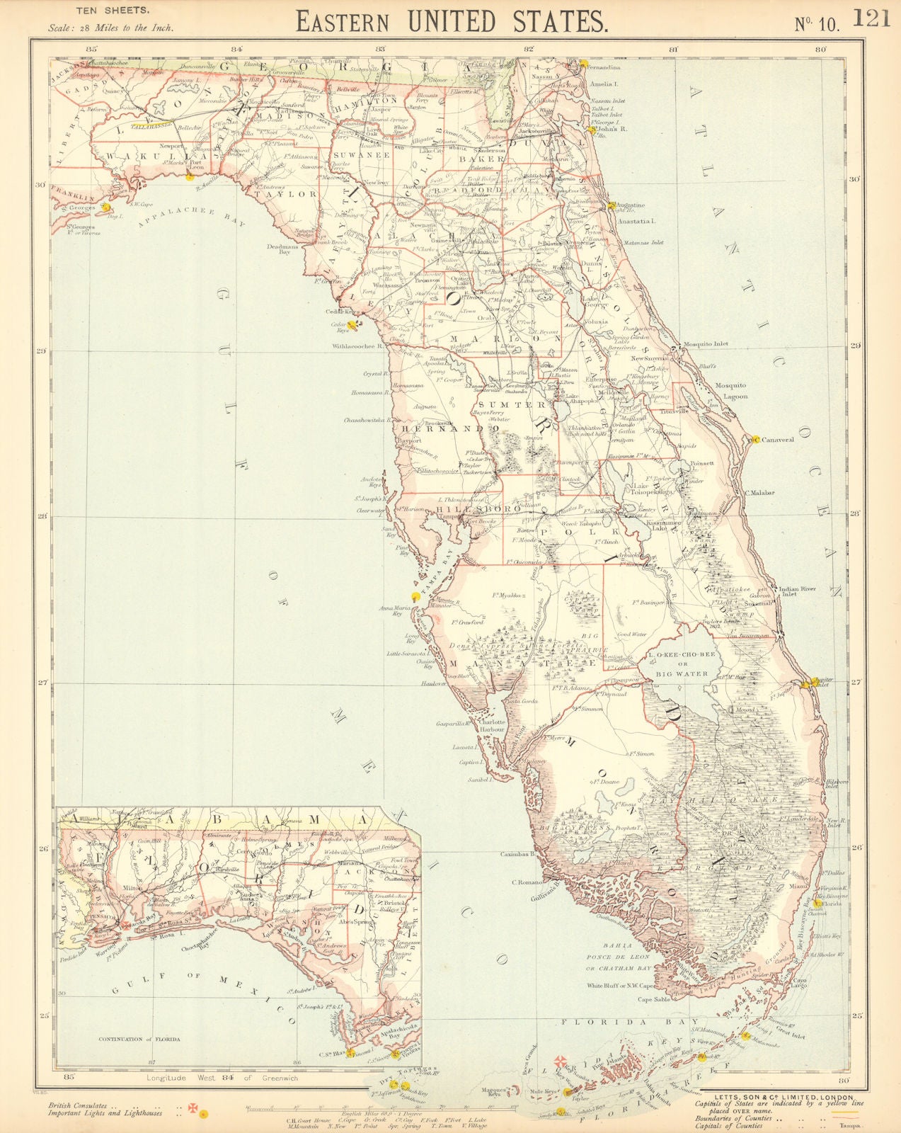 FLORIDA showing railroads lighthouses forts. Miami Tampa. LETTS 1892 old map